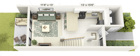 Floor plan for 1 bed, 1 bath, 750 sqft
